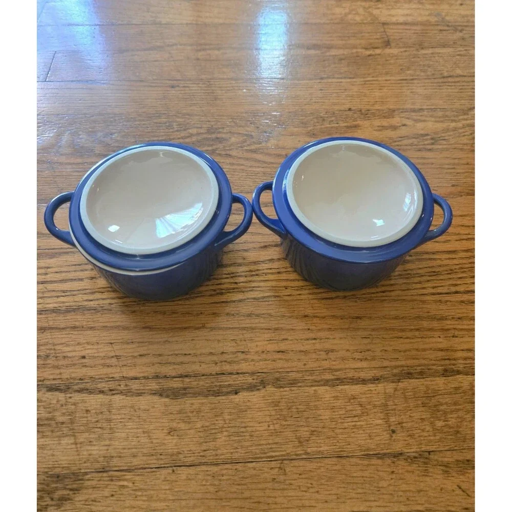 Set of 2 Le Creuset 8oz Mini Round Cocottes Stoneware Cobalt Blue